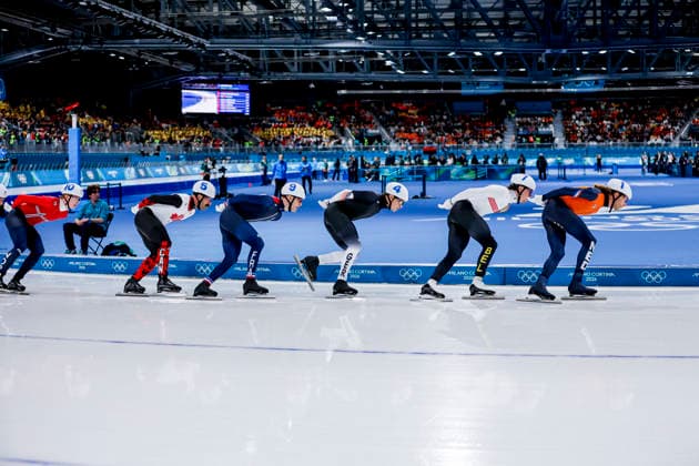 Milano Cortina 2026 Winter Olympics, Speed skating, Eisschnelllauf Italy Jorrit Bergsma of the Netherlands, Indra Medard of Belgium, Felix Maly of Germany, Mathieu Belloir of France, Antoine Gelinas-Beaulieu of Canada and Sigurd Holbo Dyrset of Norway competing in the Speed Skating Men s Mass Start Semifinals on Day 15 of the Milano Cortina 2026 Winter Olympics at the Milano Speed Skating Stadium in Milan, Italy, February 21, 2026. Milan Italy  Copyright: xMatrixxImagesx xHenkxJanxDijksx