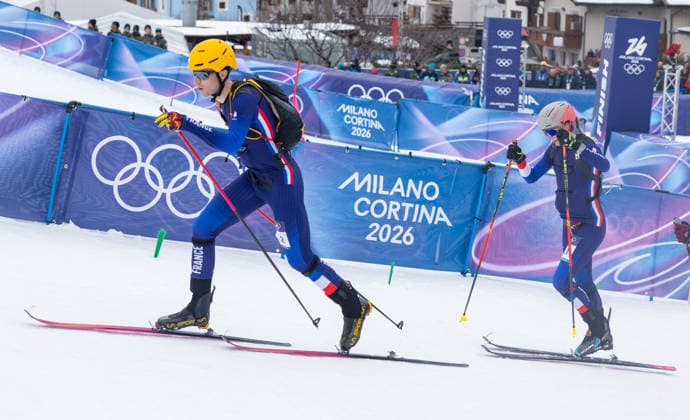 OLYMPICS - Winter Olympic Games, Olympische Spiele, Olympia, OS Milano Cortina 2026 BORMIO,ITALY,21.FEB.26 - OLYMPICS, SKI MOUNTAINEERING - Winter Olympic Games Milano Cortina 2026, Skicross, mixed relay, final. Image shows Thibault Anselmet and Emily Harrop (FRA).  GEPAxpictures xHaraldxSteiner