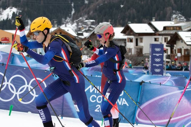 February 21, 2026, Milan, Lombardy, Italy: EMILY HARROP and THIBAULT ANDELMET Team France tag during Mountaineering Team Relay at the Stelvio Ski Centre during the 2026 Milano Cortina Winter Olympics. Team France won the gold. Olympics 2026: Milano Cortina: Mountaineering Relay: Medals  - ZUMAa19_ 20260221_oly_a19_002 Copyright: xAngelxAdamsx