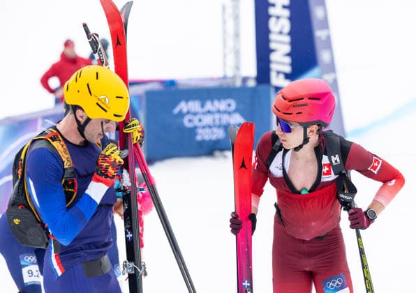 OLYMPICS - Winter Olympic Games, Olympische Spiele, Olympia, OS Milano Cortina 2026 BORMIO,ITALY,21.FEB.26 - OLYMPICS, SKI MOUNTAINEERING - Winter Olympic Games Milano Cortina 2026, Skicross, mixed relay, final. Image shows Thibault Anselmet (FRA) and Jon Kistler (SUI).  GEPAxpictures xHaraldxSteiner