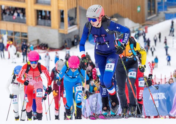 OLYMPICS - Winter Olympic Games, Olympische Spiele, Olympia, OS Milano Cortina 2026 BORMIO,ITALY,21.FEB.26 - OLYMPICS, SKI MOUNTAINEERING - Winter Olympic Games Milano Cortina 2026, Skicross, mixed relay, final. Image shows Emily Harrop (FRA) and Johanna Hiemer (AUT).  GEPAxpictures xHaraldxSteiner