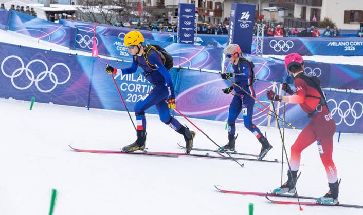 OLYMPICS - Winter Olympic Games, Olympische Spiele, Olympia, OS Milano Cortina 2026 BORMIO,ITALY,21.FEB.26 - OLYMPICS, SKI MOUNTAINEERING - Winter Olympic Games Milano Cortina 2026, Skicross, mixed relay, final. Image shows Thibault Anselmet and Emily Harrop (FRA).  GEPAxpictures xHaraldxSteiner