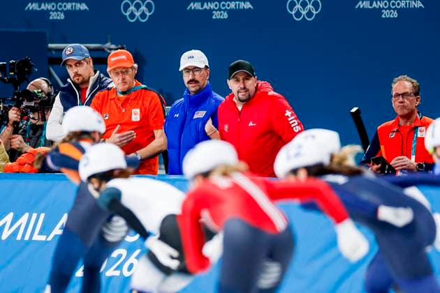 coach Jillert Anema of TeamNL and coach Gabriel Girard of United States of America and national coach Rintje Ritsma of TeamNL looks on while watching atheletes Women s Mass Start Semifinals, Milano Cortina 2026 Winter Olympics: Day 15, Speed skating, Eisschnelllauf - Milano Cortina 2026 Winter Olympics: Day 15, Milano Speed Skating Stadium, February 21, 2026, Milan, Italy.