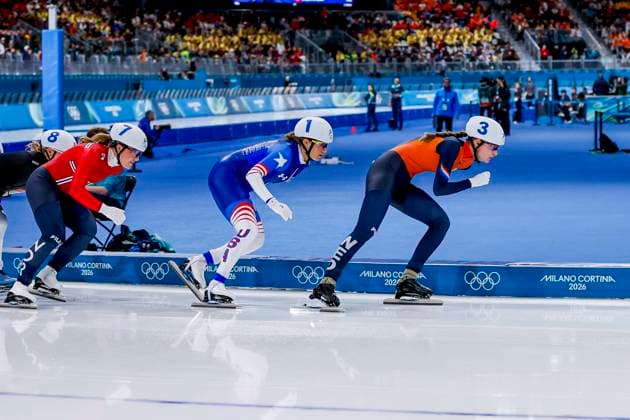 Bente Kerkhoff of the Netherlands and Mia Manganello of United States of America and Aurora Grinden Lovas of Norway and Josephine Schlorb of Germany Women s Mass Start Semifinals, Milano Cortina 2026 Winter Olympics: Day 15, Speed skating, Eisschnelllauf - Milano Cortina 2026 Winter Olympics: Day 15, Milano Speed Skating Stadium, February 21, 2026, Milan, Italy.