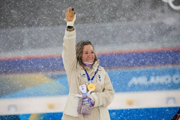 Oceane Michelon (FRA) 1st place, Gold Medal on the podium at the end of the Olympic Winter games, Winterspiele,Spiele, Summer games Milano-Cortina 2026, Biathlon Women s 12.5km Mass Start on February 21, 2026 at Antholz-Anterselva Biathlon Arena in Anterselva, Italy  Copyright: xLucianoxMariaxBisi IPAxSportx xipa-agency.netx xx IPA_71818960 IPA_Agency_IPA71818960