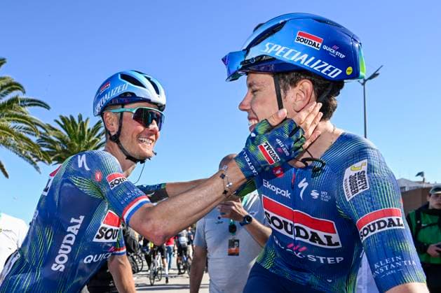 Volta Algarve 2026 Stage 4 LAGOS, PORTUGAL - FEBRUARY 21 : Magnier Paul (FRA) of Soudal Quick-Step celebrating his victory with Van Baarle Dylan (NED) of Soudal Quick-Step during stage 4 of the 52th edition of Volta Algarve an UCI ProSeries 2.Pro cycling road race stage for Men Elite of 175.1 km with start in Albufeira and finish in Lagos on February 21, 2026 in Lagos, Portugal, 21 02 2026 ( Motordriver Guy De Vuyst - Lagos Portugal  Copyright: xNicoxVereeckenx