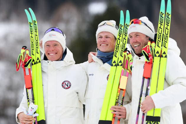 (L-R) NYENGET Martin Loewstroem, KLAEBO Johannes Hoesflot, IVERSEN Emil (NOR), FEBRUARY 21, 2026 - Cross-Country Skiing : Men s 50km Mass Start Classic Medal ceremony during the Milano Cortina 2026 Olympic Winter games, Winterspiele,Spiele, Summer games at Tesero Cross-Country Skiing Stadium in Tesero, Italy. Noxthirdxpartyxsales  aflo_320741273