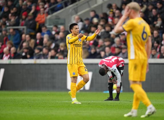 Brentford v Brighton and Hove Albion, Premier League, Football, Gtech Community Stadium, Brentford, London, UK - 21 Feb 2026 GOAL 0-1. Diego Gomez of Brighton celebrates after scoring the opening goal. London Gtech Community Stadium Brentford UK, UK NEWSPAPERS OUT Copyright: xSeanxRyanx