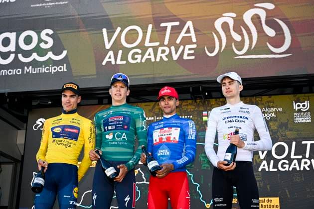 Volta Algarve 2026 Stage 4 LAGOS, PORTUGAL - FEBRUARY 21 : Ayuso Juan (ESP) of Lidl - Trek, Magnier Paul (FRA) of Soudal Quick-Step, Contte Tomas (ARG) of Aviludo - Louletano - Loule and Seixas Paul (FRA) of Decathlon CMA CGM Team on the podium during stage 4 of the 52th edition of Volta Algarve an UCI ProSeries 2.Pro cycling road race stage for Men Elite of 175.1 km with start in Albufeira and finish in Lagos on February 21, 2026 in Lagos, Portugal, 21 02 2026 ( Motordriver Guy De Vuyst - Lagos Portugal  Copyright: xNicoxVereeckenx
