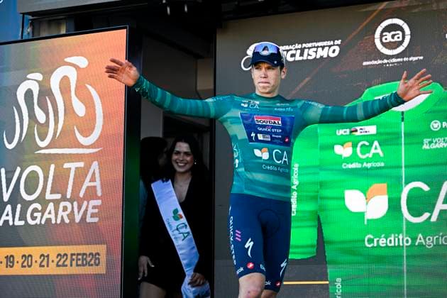 Volta Algarve 2026 Stage 4 LAGOS, PORTUGAL - FEBRUARY 21 : Magnier Paul (FRA) of Soudal Quick-Step on the podium with the green jersey during stage 4 of the 52th edition of Volta Algarve an UCI ProSeries 2.Pro cycling road race stage for Men Elite of 175.1 km with start in Albufeira and finish in Lagos on February 21, 2026 in Lagos, Portugal, 21 02 2026 ( Motordriver Guy De Vuyst - Lagos Portugal  Copyright: xNicoxVereeckenx