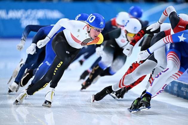 Belgian speed skater Bart Swings pictured in action during the final of the mass start men Speed skating, Eisschnelllauf at the Milano Cortina 2026 Olympic Winter games, Winterspiele,Spiele, Summer games on Saturday 21 February 2026 in Milan, Italy. The XXV Winter Olympics take place from 6 to 22 February 2026 in Italy. JASPERxJACOBS  x164429461x