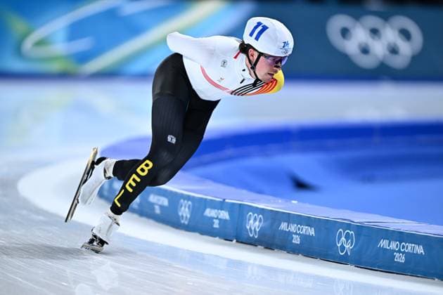 Belgian speed skater Indra Medard pictured in action during the final of the mass start men Speed skating, Eisschnelllauf at the Milano Cortina 2026 Olympic Winter games, Winterspiele,Spiele, Summer games on Saturday 21 February 2026 in Milan, Italy. The XXV Winter Olympics take place from 6 to 22 February 2026 in Italy. JASPERxJACOBS  x164429485x