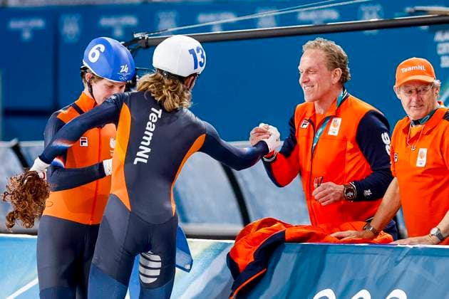 coach Jillert Anema of TeamNL and national coach Rintje Ritsma of TeamNL celebrates with Jorrit Bergsma of the Netherlands and Stijn Van De Bunt of the Netherlands after Men s Mass Start Final, Milano Cortina 2026 Winter Olympics: Day 15, Speed skating, Eisschnelllauf - Milano Cortina 2026 Winter Olympics: Day 15, Milano Speed Skating Stadium, February 21, 2026, Milan, Italy.