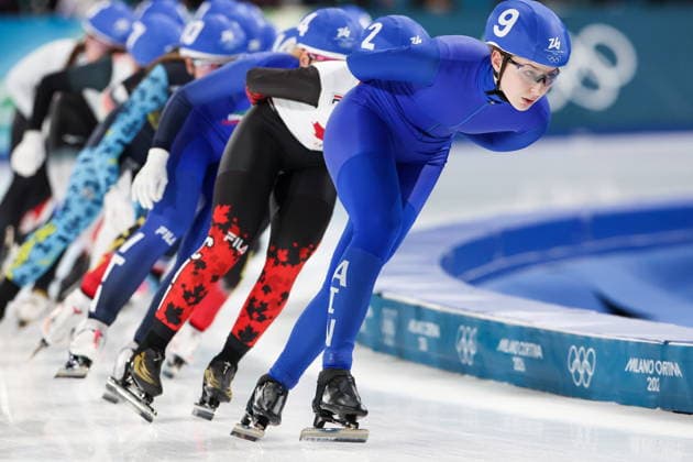 ITALY, MILAN - FEBRUARY 21, 2026: AIN athelete Anastasiia Semenova (front) from Russia competes in the women s mass start Speed skating, Eisschnelllauf semifinal race at Milano Speed Skating Stadium during the 2026 Winter Olympic Games, Olympische Spiele, Olympia, OS 2026 Winter Olympics: Speed Skating  - ZUMAt113 20260221_zaa_t113_492 Copyright: xPeterxKovalevx