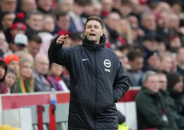 Brentford v Brighton and Hove Albion, Premier League, Football, Gtech Community Stadium, Brentford, London, UK - 21 Feb 2026 Fabian Hurzeler manager of Brighton directs his team. London Gtech Community Stadium Brentford UK, UK NEWSPAPERS OUT Copyright: xSeanxRyanx