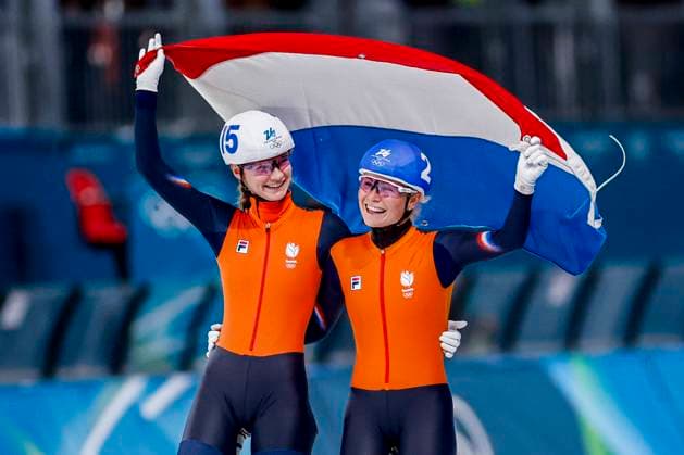 winner Marijke Groenewoud of the Netherlands and Bente Kerkhoff of the Netherlands celebrating and holding flag after Women s Mass Start Final, Milano Cortina 2026 Winter Olympics: Day 15, Speed skating, Eisschnelllauf - Milano Cortina 2026 Winter Olympics: Day 15, Milano Speed Skating Stadium, February 21, 2026, Milan, Italy.