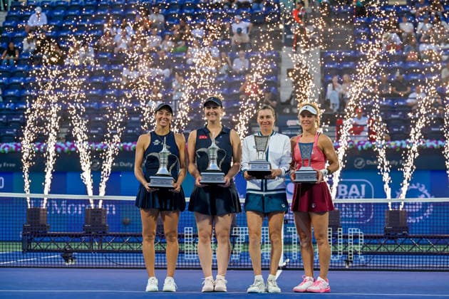 2026 Dubai Duty Free Tennis Championships Birlesik Arap Emirlikleri nin (BAE) Dubai kentindeki Dubai Duty Tenis Stadyumu nda düzenlenen Dubai Duty Free Tenis Sampiyonasi nin çift kadinlar finalinde, Alman tenisçi Laura Siegemund ve Rus tenisçi Vera Zvonareva, rakipleri Kanadali tenisçi Gabriela Dabrowski ve Brezilyali tenisçi Luisa Stefani ile mücadele etti. Karsilasmayi kazanan Dabrowski ve Stefani sevinç yasadi. Waleed Zein Anadolu Dubai United Arab Emirates. Editorial use only. Please get in touch for any other usage.  Copyright: x2026xAnadoluxWaleedxZeinx