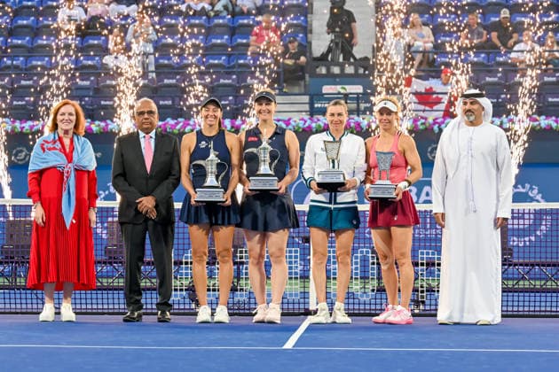 2026 Dubai Duty Free Tennis Championships DUBAI, UAE - FEBRUARY 21: Canadian Gabriela Dabrowski (C) and Brazilian Luisa Stefani (3rd L) celebrate after winning the women’s doubles final of the Dubai Duty Free Tennis Championships match against German tennis player Laura Siegemund (2nd R) and Russian tennis player Vera Zvonareva (3rd R) at the Dubai Duty Free Tennis Stadium in Dubai, United Arab Emirates, on February 21, 2026. Waleed Zein Anadolu Dubai United Arab Emirates. Editorial use only. Please get in touch for any other usage.  Copyright: x2026xAnadoluxWaleedxZeinx