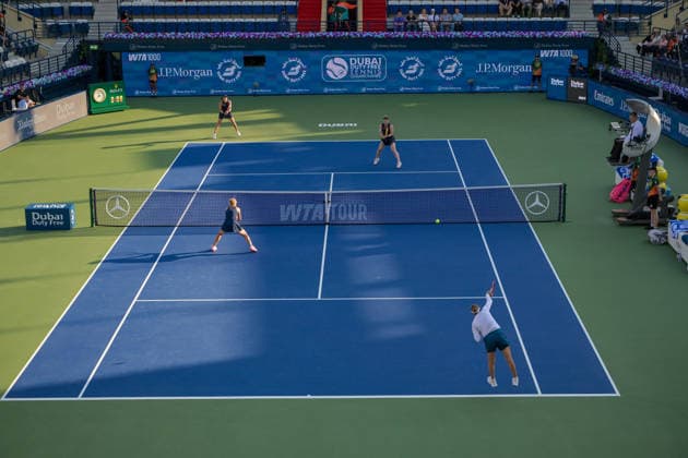 2026 Dubai Duty Free Tennis Championships DUBAI, UAE - FEBRUARY 21: German tennis player Laura Siegemund and Russian tennis player Vera Zvonareva compete against Canadian tennis player Gabriela Dabrowski and Brazilian tennis player Luisa Stefani in the women’s doubles final of the Dubai Duty Free Tennis Championships at the Dubai Duty Free Tennis Stadium in Dubai, United Arab Emirates, on February 21, 2026. Waleed Zein Anadolu Dubai United Arab Emirates. Editorial use only. Please get in touch for any other usage.  Copyright: x2026xAnadoluxWaleedxZeinx