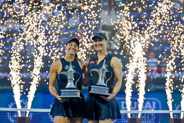 2026 Dubai Duty Free Tennis Championships DUBAI, UAE - FEBRUARY 21: Canadian Gabriela Dabrowski (L) and Brazilian Luisa Stefani (R) celebrate after winning the women’s doubles final of the Dubai Duty Free Tennis Championships match against German tennis player Laura Siegemund and Russian tennis player Vera Zvonareva at the Dubai Duty Free Tennis Stadium in Dubai, United Arab Emirates, on February 21, 2026. Waleed Zein Anadolu Dubai United Arab Emirates. Editorial use only. Please get in touch for any other usage.  Copyright: x2026xAnadoluxWaleedxZeinx