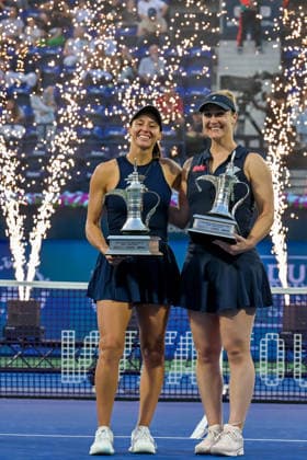 2026 Dubai Duty Free Tennis Championships DUBAI, UAE - FEBRUARY 21: Canadian Gabriela Dabrowski (L) and Brazilian Luisa Stefani (R) celebrate after winning the women’s doubles final of the Dubai Duty Free Tennis Championships match against German tennis player Laura Siegemund and Russian tennis player Vera Zvonareva at the Dubai Duty Free Tennis Stadium in Dubai, United Arab Emirates, on February 21, 2026. Waleed Zein Anadolu Dubai United Arab Emirates. Editorial use only. Please get in touch for any other usage.  Copyright: x2026xAnadoluxWaleedxZeinx