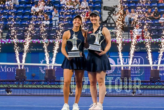 2026 Dubai Duty Free Tennis Championships DUBAI, UAE - FEBRUARY 21: Canadian Gabriela Dabrowski (L) and Brazilian Luisa Stefani (R) celebrate after winning the women’s doubles final of the Dubai Duty Free Tennis Championships match against German tennis player Laura Siegemund and Russian tennis player Vera Zvonareva at the Dubai Duty Free Tennis Stadium in Dubai, United Arab Emirates, on February 21, 2026. Waleed Zein Anadolu Dubai United Arab Emirates. Editorial use only. Please get in touch for any other usage.  Copyright: x2026xAnadoluxWaleedxZeinx