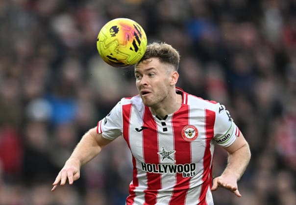 21st February 2026; Gtech Community Stadium, Brentford, London, England; Premier League Football, Brentford versus Brighton and Hove Albion; Nathan Collins of Brentford controls the ball  SimonxWest Content restricted for UK based newspaper