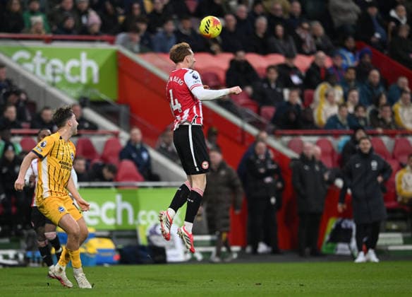 21st February 2026; Gtech Community Stadium, Brentford, London, England; Premier League Football, Brentford versus Brighton and Hove Albion; Sepp van den Berg of Brentford heads the ball  SimonxWest Content restricted for UK based newspaper