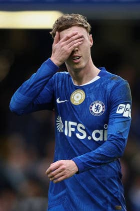 21st February 2026; Stamford Bridge, Chelsea, London, England: Premier League Football, Chelsea versus Burnley; Cole Palmer of Chelsea covers his face  IanxStephen Content restricted for UK based newspaper