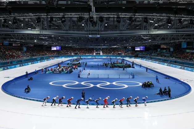 ITALY, MILAN - FEBRUARY 21, 2026: Atheletes compete in the women s mass start Speed skating, Eisschnelllauf semifinal race at Milano Speed Skating Stadium during the 2026 Winter Olympic Games, Olympische Spiele, Olympia, OS Peter Kovalev TASS  89041659