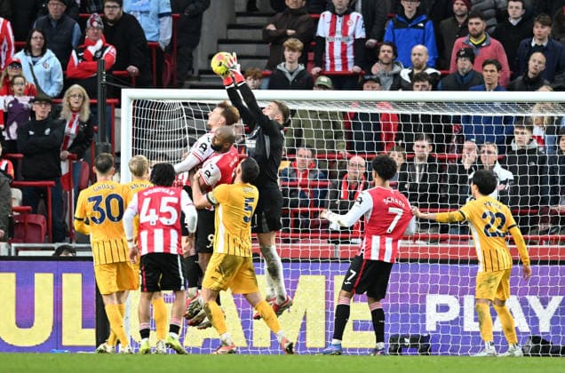 21st February 2026; Gtech Community Stadium, Brentford, London, England; Premier League Football, Brentford versus Brighton and Hove Albion; Bart Verbruggen of Brighton catches a corner kick  SimonxWest Content restricted for UK based newspaper