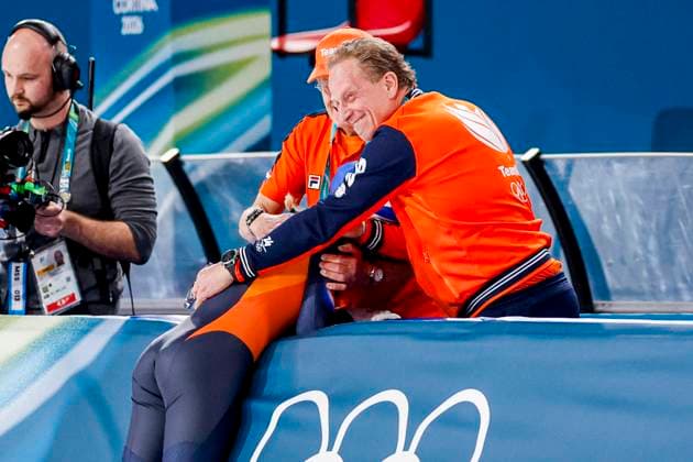 coach Jillert Anema of TeamNL and national coach Rintje Ritsma of TeamNL celebrates with winner Marijke Groenewoud of the Netherlands after Women s Mass Start Final, Milano Cortina 2026 Winter Olympics: Day 15, Speed skating, Eisschnelllauf - Milano Cortina 2026 Winter Olympics: Day 15, Milano Speed Skating Stadium, February 21, 2026, Milan, Italy.