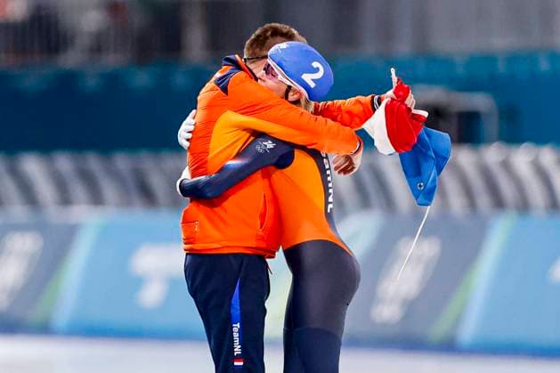 Erik Wink of TeamNL celebrates with winner Marijke Groenewoud of the Netherlands after Women s Mass Start Final, Milano Cortina 2026 Winter Olympics: Day 15, Speed skating, Eisschnelllauf - Milano Cortina 2026 Winter Olympics: Day 15, Milano Speed Skating Stadium, February 21, 2026, Milan, Italy.
