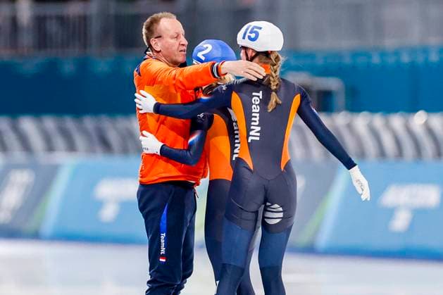 Erik Wink of TeamNL celebrates with winner Marijke Groenewoud of the Netherlands and Bente Kerkhoff of the Netherlands after Women s Mass Start Final, Milano Cortina 2026 Winter Olympics: Day 15, Speed skating, Eisschnelllauf - Milano Cortina 2026 Winter Olympics: Day 15, Milano Speed Skating Stadium, February 21, 2026, Milan, Italy.