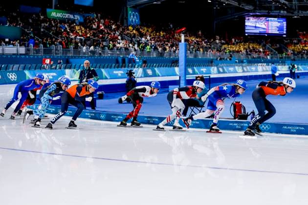 Bente Kerkhoff of the Netherlands and Greta Myers of United States of America and Jeannine Rosner of Austria and Ivanie Blondin of Canada and Marijke Groenewoud of the Netherlands and Elizaveta Golubeva of Kazakhstan and Francesca Lollobrigida of Italy Women s Mass Start Final, Milano Cortina 2026 Winter Olympics: Day 15, Speed skating, Eisschnelllauf - Milano Cortina 2026 Winter Olympics: Day 15, Milano Speed Skating Stadium, February 21, 2026, Milan, Italy.