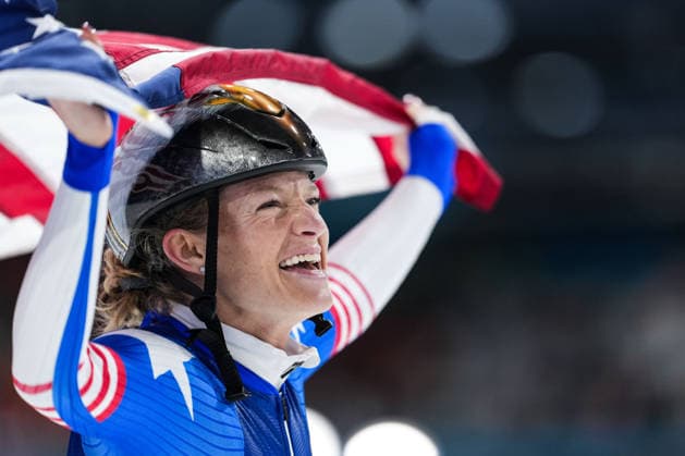 2026 Milano-Cortina Winter Olympics MILAN, ITALY - FEBRUARY 21: Mia Manganello of US, finished third in the race, celebrates after competing in women s mass start Speed skating, Eisschnelllauf event during the 2026 Milano-Cortina Winter Olympics at Milan Speed Skating Stadium in Milan, Italy on February 21, 2026. Cemal Yurttas Anadolu Milan Italy. Editorial use only. Please get in touch for any other usage.  Copyright: x2026xAnadoluxCemalxYurttaÅüx