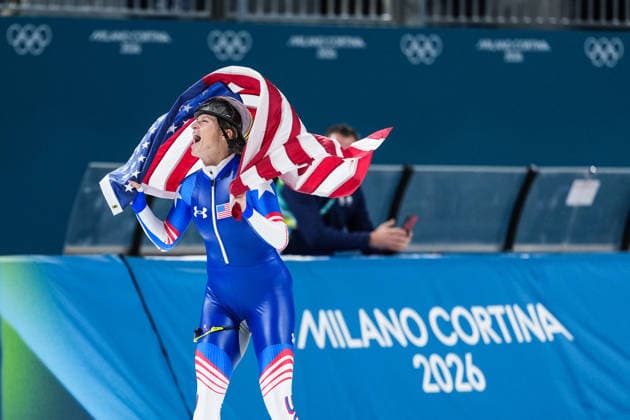 2026 Milano-Cortina Winter Olympics MILAN, ITALY - FEBRUARY 21: Mia Manganello of US, finished third in the race, celebrates after competing in women s mass start Speed skating, Eisschnelllauf event during the 2026 Milano-Cortina Winter Olympics at Milan Speed Skating Stadium in Milan, Italy on February 21, 2026. Cemal Yurttas Anadolu Milan Italy. Editorial use only. Please get in touch for any other usage.  Copyright: x2026xAnadoluxCemalxYurttaÅüx