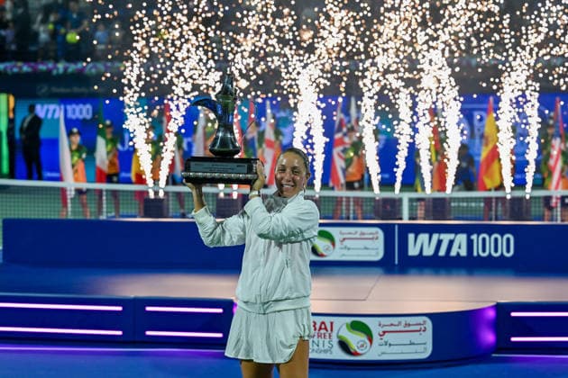 2026 Dubai Duty Free Tennis Championships DUBAI, UAE - FEBRUARY 21: American tennis player Jessica Pegula wins the women’s singles final of the Dubai Duty Free Tennis Championships against Ukrainian tennis player Elina Svitolina at the Dubai Duty Free Tennis Stadium in Dubai, United Arab Emirates, on February 21, 2026. Waleed Zein Anadolu Dubai United Arab Emirates. Editorial use only. Please get in touch for any other usage.  Copyright: x2026xAnadoluxWaleedxZeinx