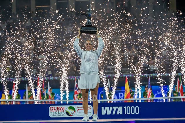 2026 Dubai Duty Free Tennis Championships DUBAI, UAE - FEBRUARY 21: American tennis player Jessica Pegula wins the women’s singles final of the Dubai Duty Free Tennis Championships against Ukrainian tennis player Elina Svitolina at the Dubai Duty Free Tennis Stadium in Dubai, United Arab Emirates, on February 21, 2026. Waleed Zein Anadolu Dubai United Arab Emirates. Editorial use only. Please get in touch for any other usage.  Copyright: x2026xAnadoluxWaleedxZeinx