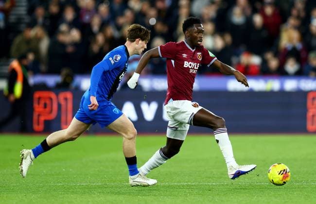 Soungoutou Magassa of West Ham United. West Ham United v AFC Bournemouth, Premier League, Football, London Stadium, London, UK - 21 Feb 2026London London Stadium United Kingdom EDITORIAL USE ONLY No use with unauthorised audio, video, data, fixture lists, club league logos or live services. Online in-match use limited to 120 images, no video emulation. No use in betting, games or single club league player publications. Copyright: xJamesxMarsh Shutterstockx 16681538ao