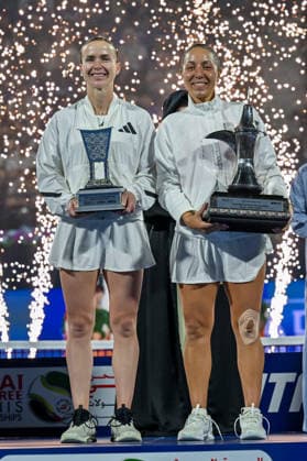 2026 Dubai Duty Free Tennis Championships DUBAI, UAE - FEBRUARY 21: American tennis player Jessica Pegula (R) wins the women’s singles final of the Dubai Duty Free Tennis Championships against Ukrainian tennis player Elina Svitolina (L) at the Dubai Duty Free Tennis Stadium in Dubai, United Arab Emirates, on February 21, 2026. Waleed Zein Anadolu Dubai United Arab Emirates. Editorial use only. Please get in touch for any other usage.  Copyright: x2026xAnadoluxWaleedxZeinx