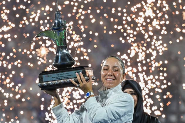 2026 Dubai Duty Free Tennis Championships DUBAI, UAE - FEBRUARY 21: American tennis player Jessica Pegula wins the women’s singles final of the Dubai Duty Free Tennis Championships against Ukrainian tennis player Elina Svitolina at the Dubai Duty Free Tennis Stadium in Dubai, United Arab Emirates, on February 21, 2026. Waleed Zein Anadolu Dubai United Arab Emirates. Editorial use only. Please get in touch for any other usage.  Copyright: x2026xAnadoluxWaleedxZeinx