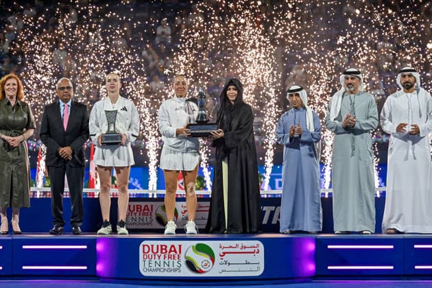 2026 Dubai Duty Free Tennis Championships DUBAI, UAE - FEBRUARY 21: American tennis player Jessica Pegula (4th R) wins the women’s singles final of the Dubai Duty Free Tennis Championships against Ukrainian tennis player Elina Svitolina (3rd R) at the Dubai Duty Free Tennis Stadium in Dubai, United Arab Emirates, on February 21, 2026. Waleed Zein Anadolu Dubai United Arab Emirates. Editorial use only. Please get in touch for any other usage.  Copyright: x2026xAnadoluxWaleedxZeinx
