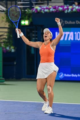 2026 Dubai Duty Free Tennis Championships DUBAI, UAE - FEBRUARY 21: American tennis player Jessica Pegula wins the women’s singles final of the Dubai Duty Free Tennis Championships against Ukrainian tennis player Elina Svitolina at the Dubai Duty Free Tennis Stadium in Dubai, United Arab Emirates, on February 21, 2026. Waleed Zein Anadolu Dubai United Arab Emirates. Editorial use only. Please get in touch for any other usage.  Copyright: x2026xAnadoluxWaleedxZeinx