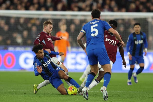 21st February 2026; London Stadium, London, England; Premier League Football, West Ham United versus Bournemouth; Tyler Adams of Bournemouth and Jarrod Bowen of West Ham United compete for the ball  KatiexChan Content restricted for UK based newspaper