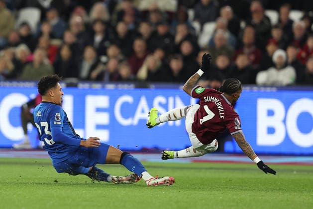 21st February 2026; London Stadium, London, England; Premier League Football, West Ham United versus Bournemouth; Crysencio Summerville of West Ham United is fouled by James Hill of Bournemouth  KatiexChan Content restricted for UK based newspaper