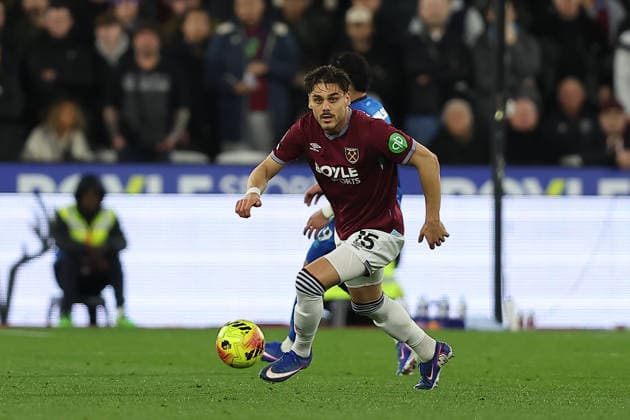 21st February 2026; London Stadium, London, England; Premier League Football, West Ham United versus Bournemouth; Konstantinos Mavropanos of West Ham United on the ball  KatiexChan Content restricted for UK based newspaper