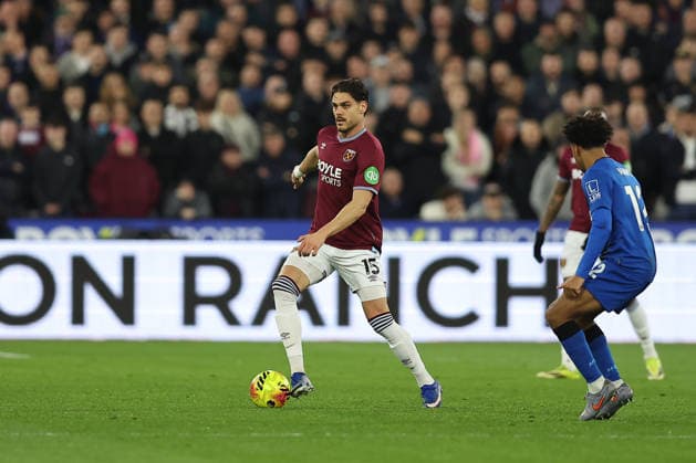 21st February 2026; London Stadium, London, England; Premier League Football, West Ham United versus Bournemouth; Konstantinos Mavropanos of West Ham United on the ball  KatiexChan Content restricted for UK based newspaper
