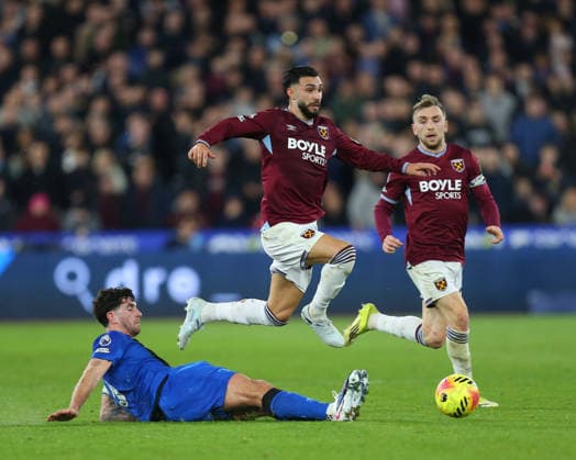 London, England, February 21 2026: Valentin Castellanos (11 West Ham United) jumps over a tackle by Marcos Senesi (5 AFC Bournemouth) during the Premier League game between West Ham United and AFC Bournemouth at London Stadium in London, England. (Photo by Jay Patel Sports Press Photo SPP) Copyright: xJayxPatel SportsxPressxPhoto SPPx Sportspressphoto_SPR95613