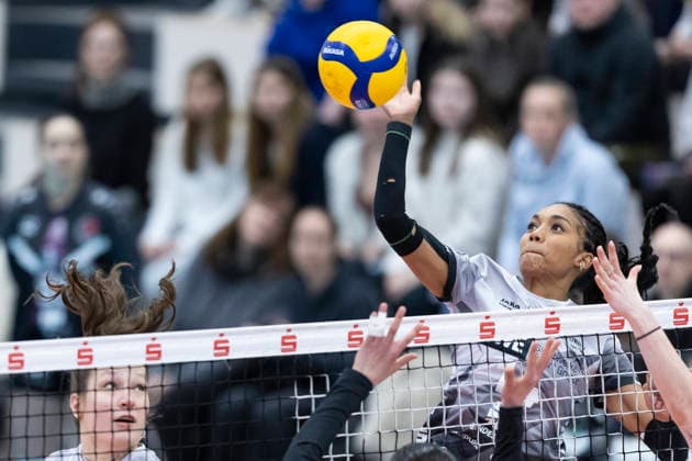 1. Volleyball Bundesliga Frauen: Schwarz-Weiss Erfurt vs. Ladies in Black Aachen; Erfurt; 21.02.2026 Alianza Darley ( 14; Schwarz-Weiss Erfurt) gegen Sophia Fallah ( 15; Ladies in Black Aachen) (links) und Celine Jebens ( 1; Ladies in Black Aachen) (rechts, nicht im Bild) 1. Volleyball Bundesliga Frauen: Schwarz-Weiss Erfurt vs. Ladies in Black Aachen; Riethsporthalle Erfurt; 21.02.2026 Copyright: xBEAUTIFULxSPORTS Duehringx